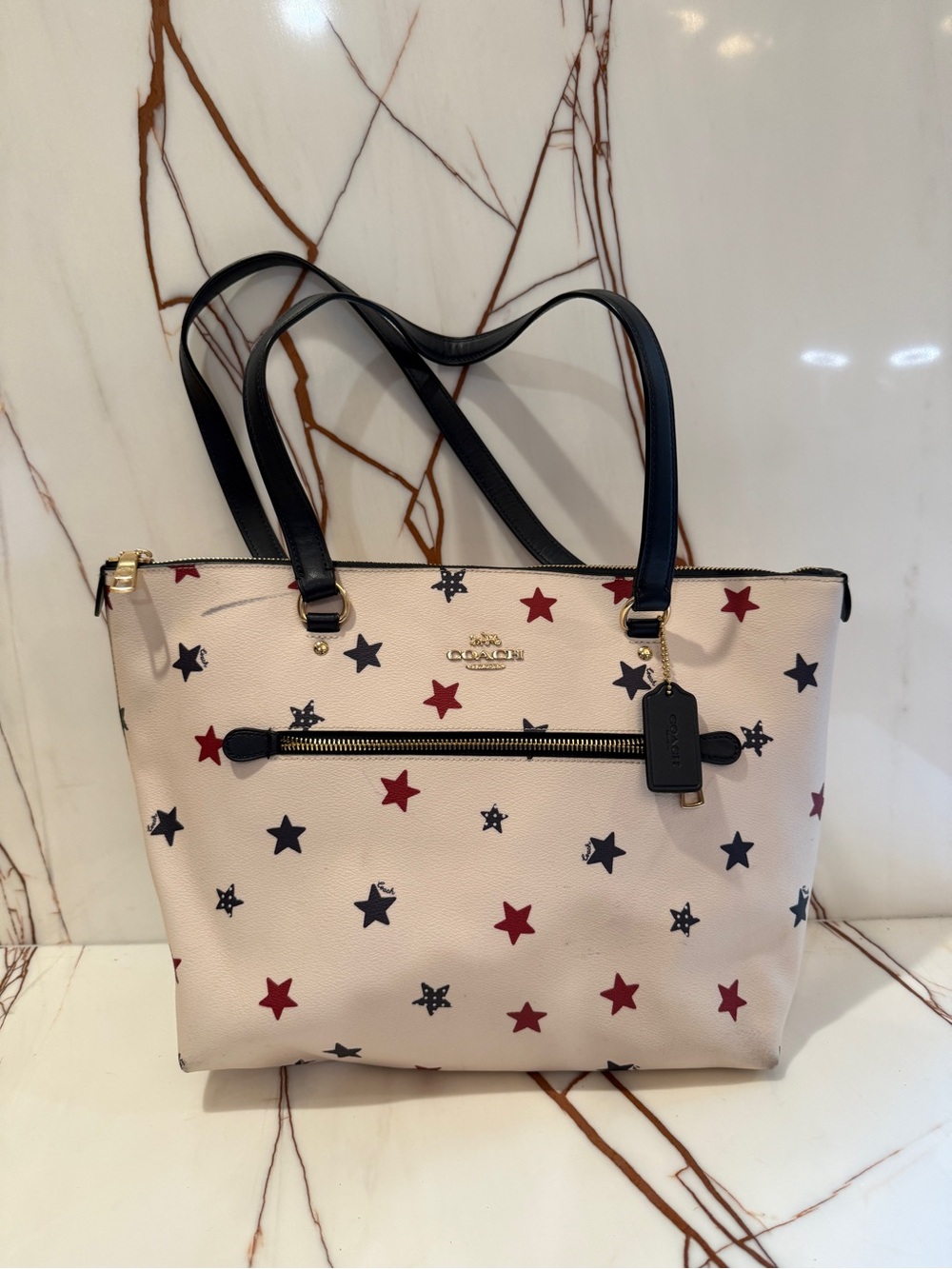 Coach Leather Tote with Navy & Red Star Print